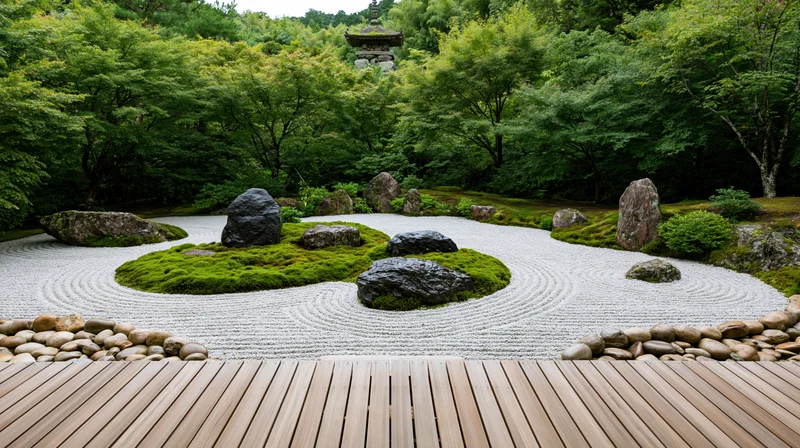 Traditional japanese zen garden with raked white gravel and moss-covered rocks surrounded by forest