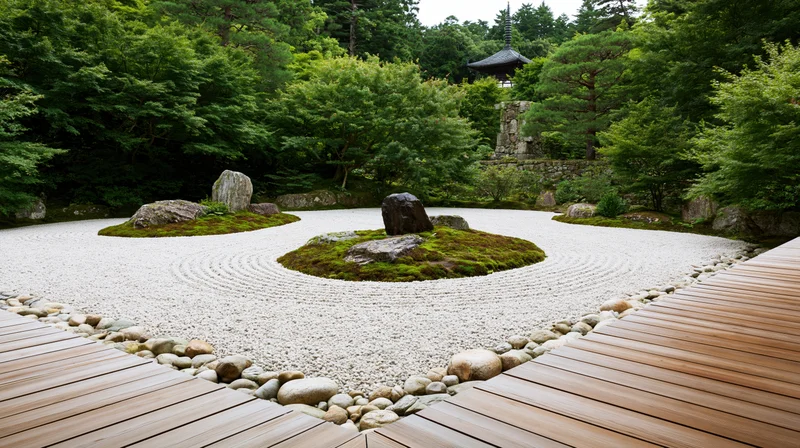 Traditional japanese zen garden with raked white gravel and mossy rocks surrounded by trees and a wooden deck