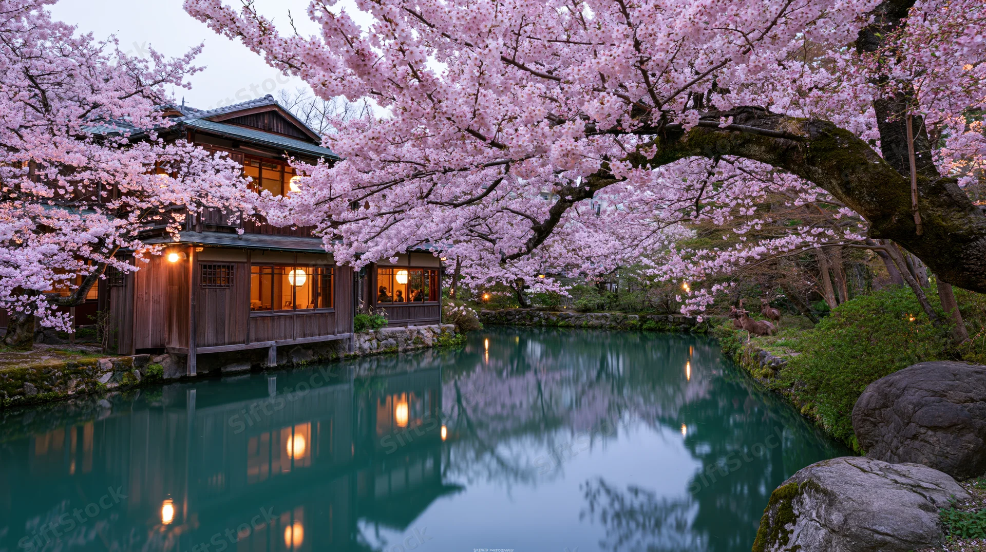 Cherry blossom trees blooming over a traditional wooden ryokan beside a calm pond at twilight