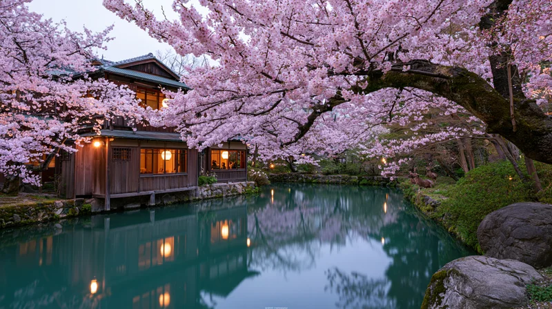 Cherry blossom trees blooming over a traditional wooden ryokan beside a calm pond at twilight
