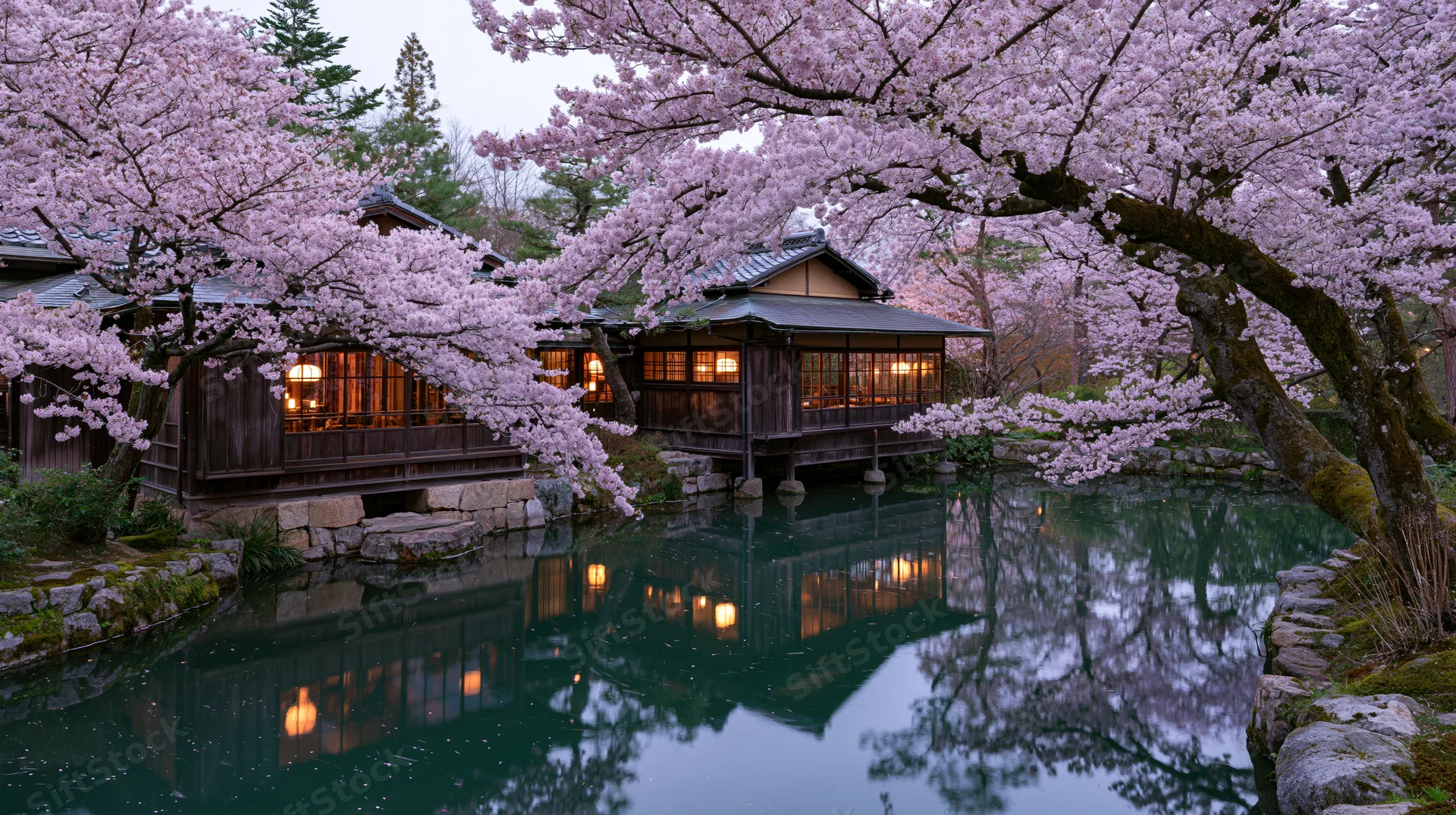 Traditional wooden ryokan buildings with glowing windows reflected in a calm pond surrounded by blooming cherry blossom trees