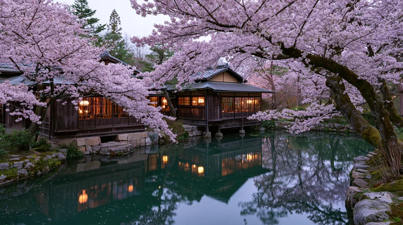 Traditional wooden ryokan buildings with glowing windows reflected in a calm pond surrounded by blooming cherry blossom trees