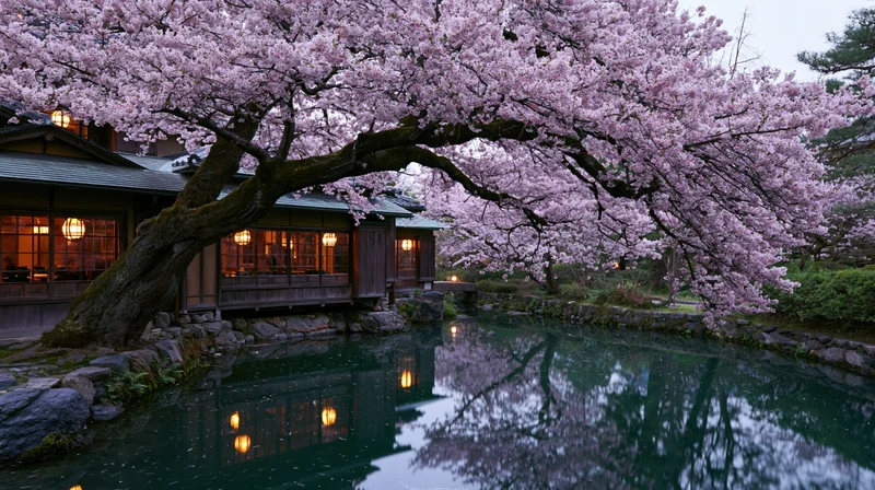 Cherry blossom tree blooming over a traditional wooden ryokan beside a reflective pond at twilight