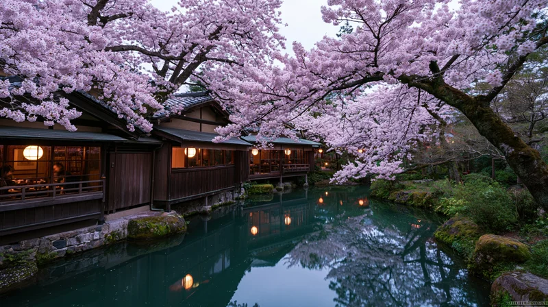 Cherry blossom trees in full bloom arch over a traditional Japanese ryokan beside a calm canal at twilight