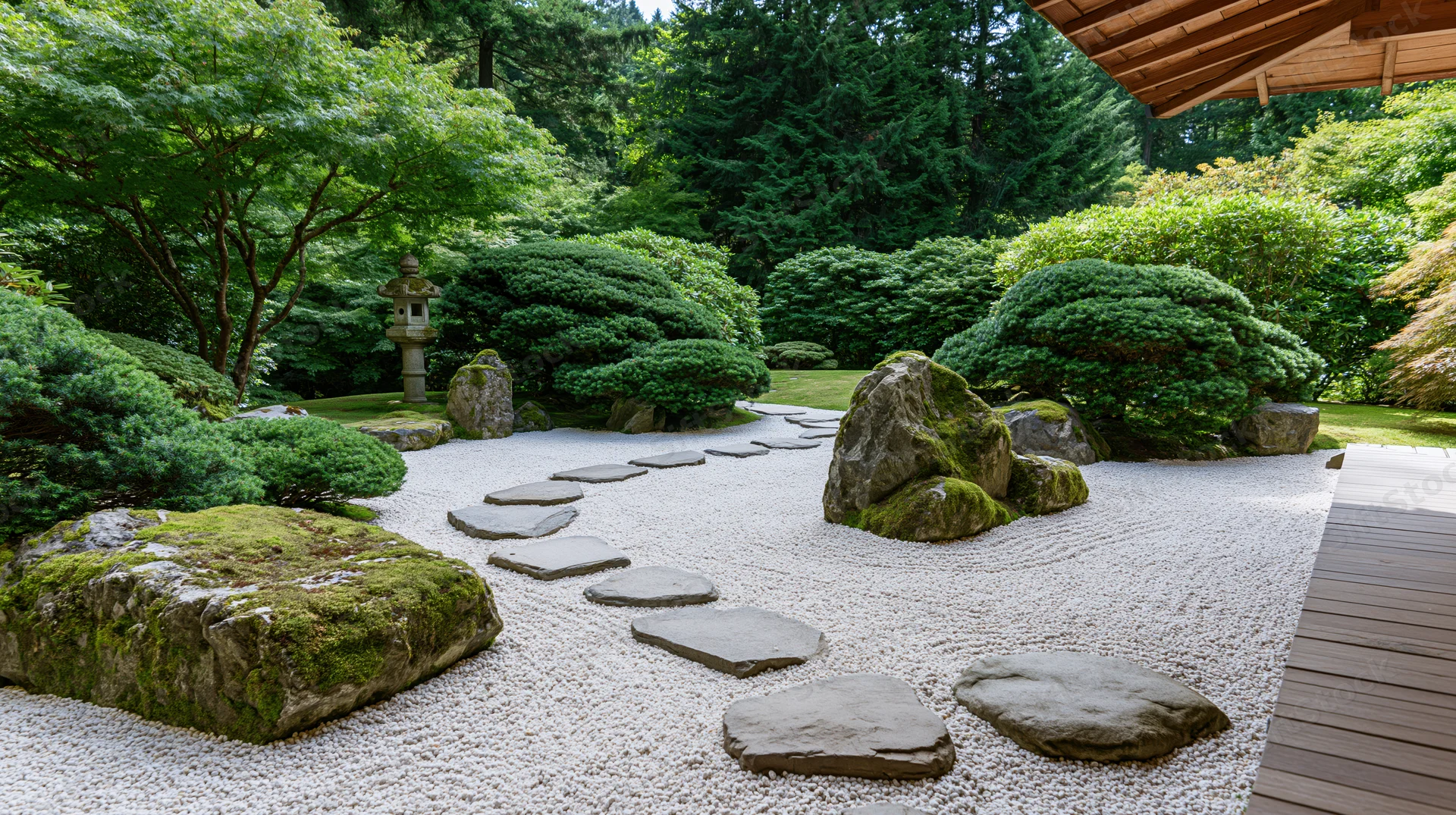 Traditional japanese zen garden with raked white gravel and moss-covered stones arranged in a tranquil outdoor setting