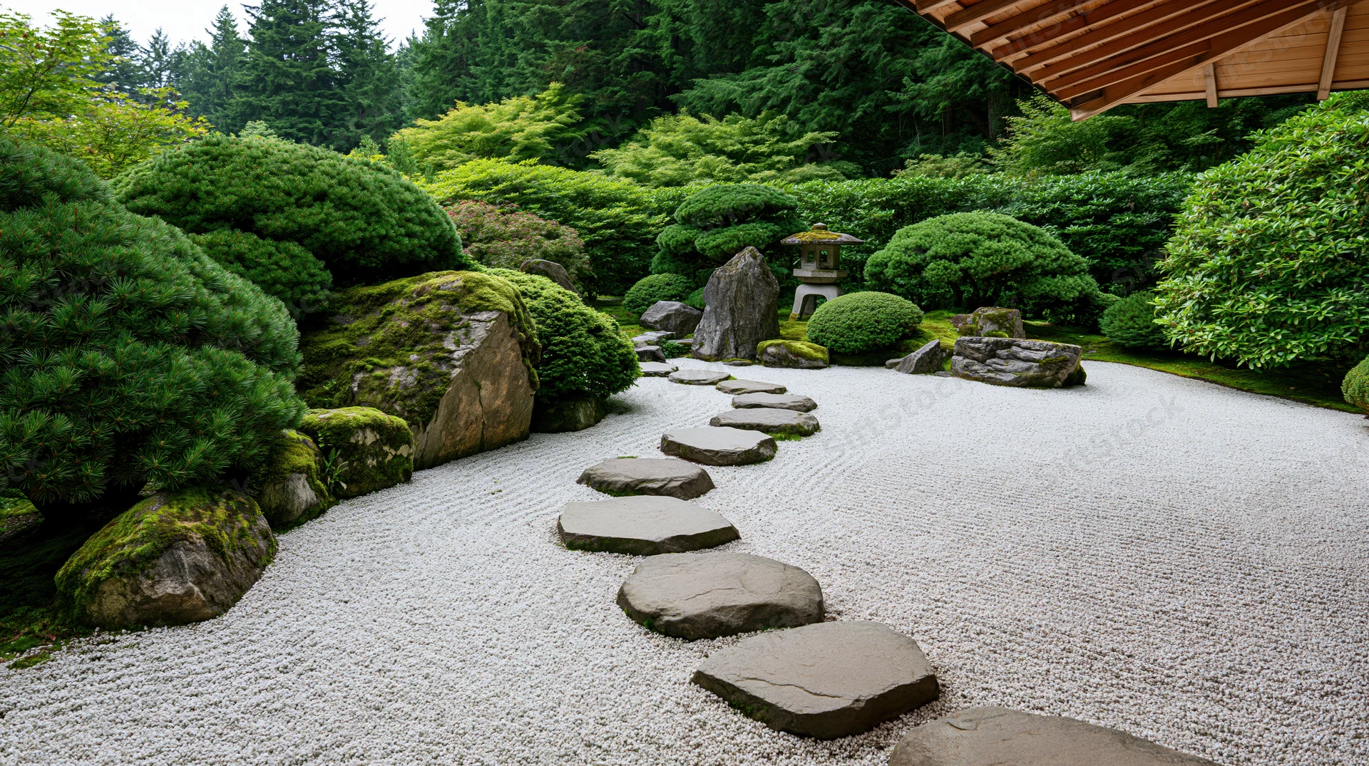 Traditional japanese zen garden with raked white gravel and stone path surrounded by mossy rocks and green shrubs