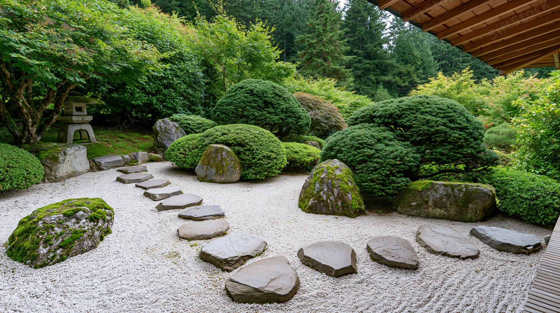 Traditional japanese zen garden with raked white gravel and moss-covered stones arranged in a tranquil outdoor setting
