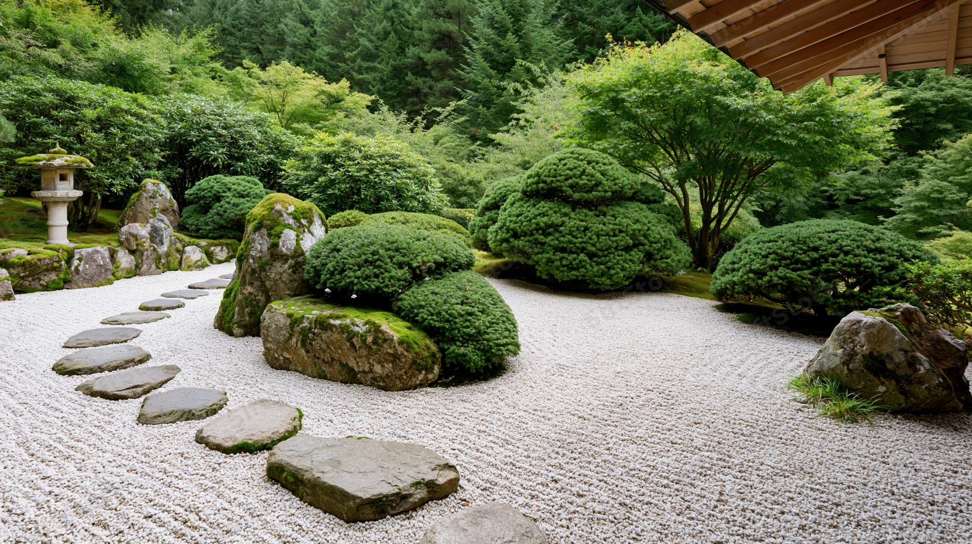Raked white gravel garden with moss-covered rocks and trimmed shrubs in a traditional japanese zen setting
