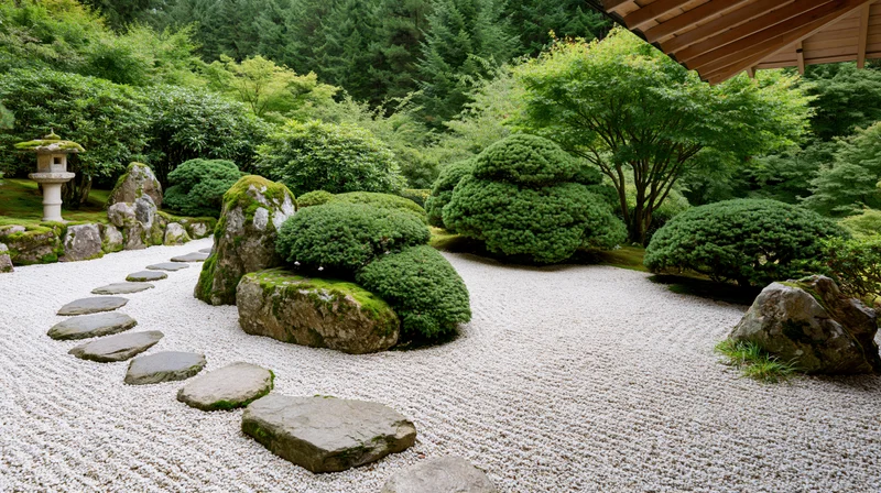 Raked white gravel garden with moss-covered rocks and trimmed shrubs in a traditional japanese zen setting