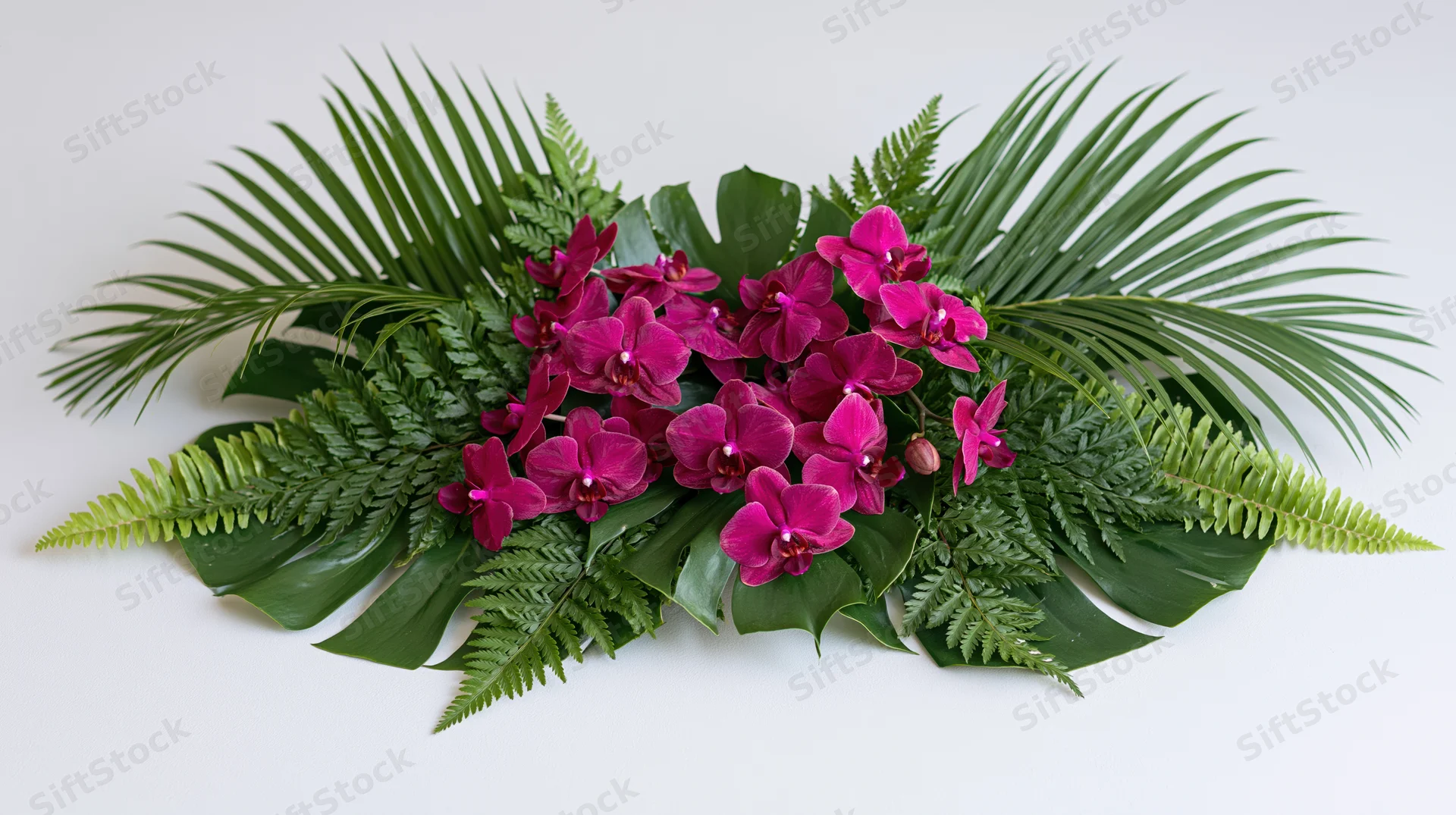 Tropical floral arrangement with deep magenta phalaenopsis orchids and green foliage on white background