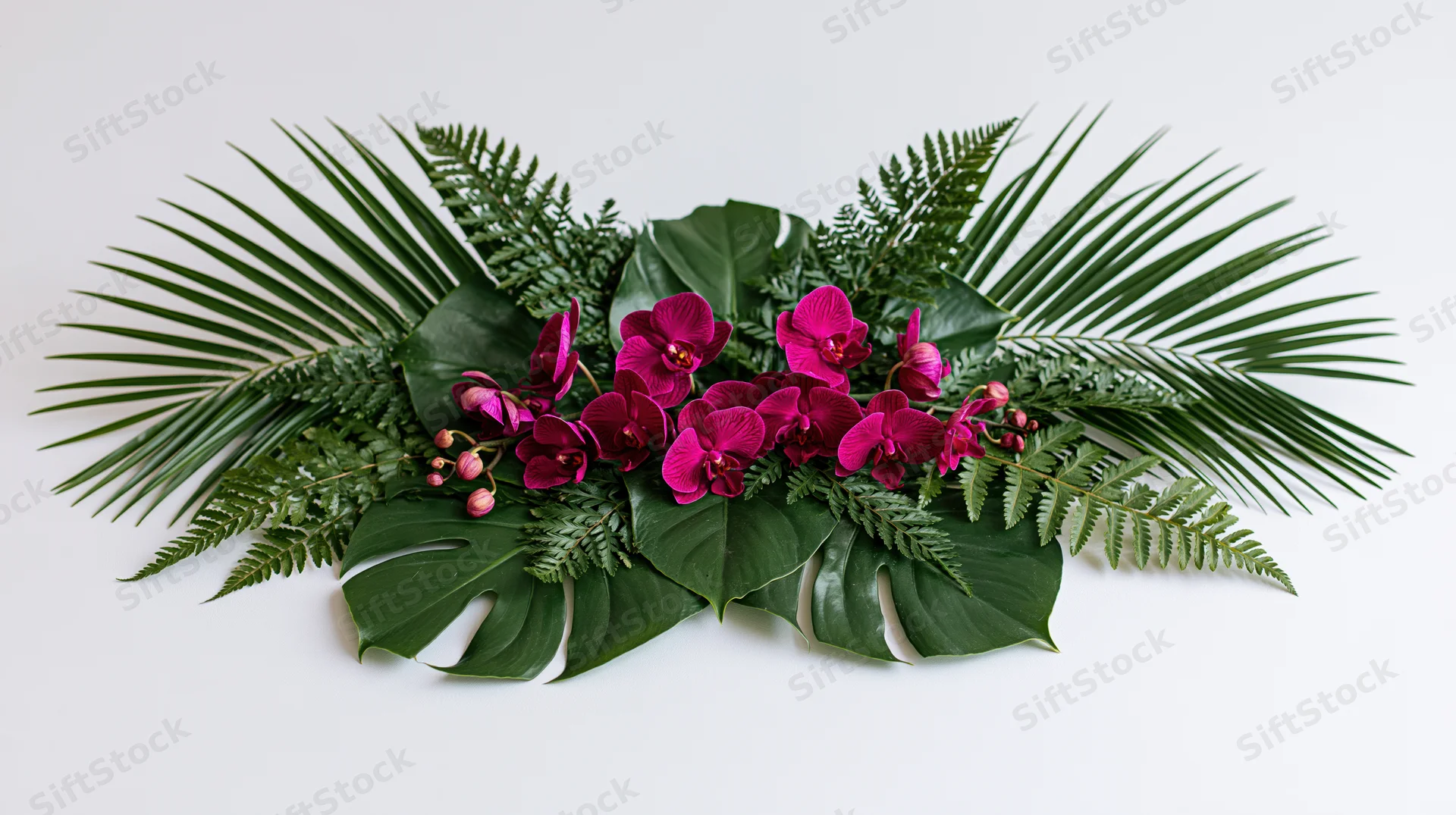 Tropical floral arrangement with deep magenta phalaenopsis orchids and green foliage on white background