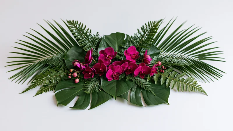 Tropical floral arrangement with deep magenta phalaenopsis orchids and green foliage on white background