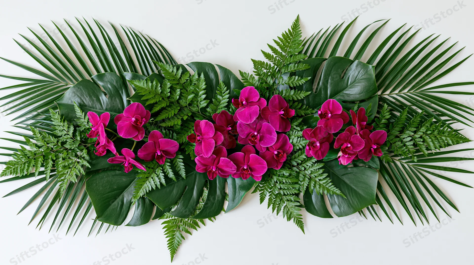 Tropical floral arrangement with deep magenta phalaenopsis orchids and green foliage on white background