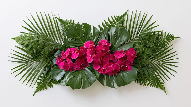 Tropical floral arrangement with magenta phalaenopsis orchids and green foliage on white background