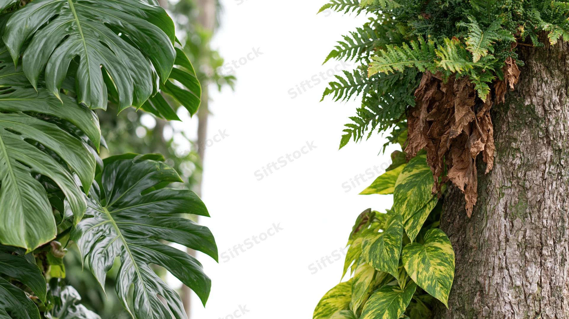 Tropical plants framing a white center with monstera and ferns on tree bark
