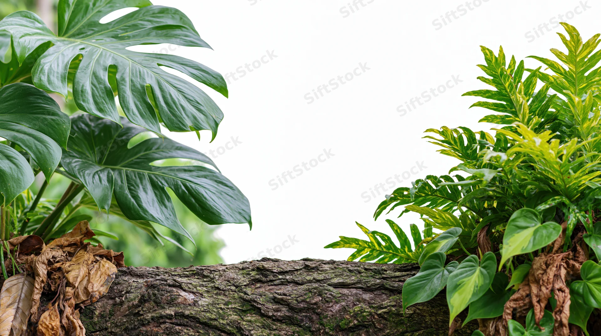 Tropical plants with large green leaves framing a white center on a tree trunk