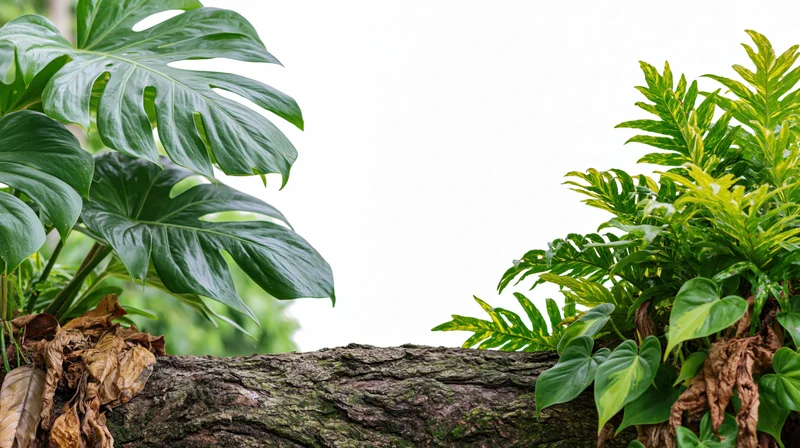 Tropical plants with large green leaves framing a white center on a tree trunk