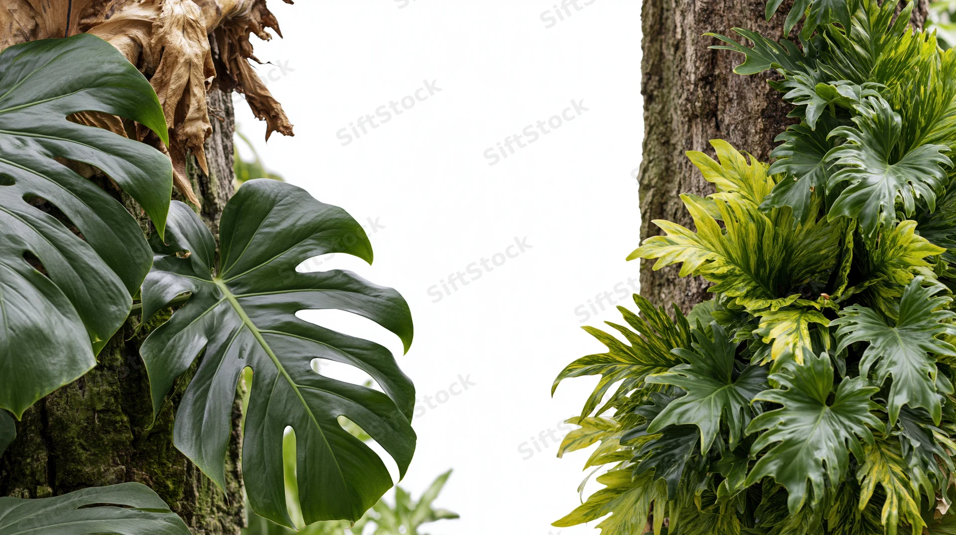 Tropical monstera plants framing a white center with tree trunks and green foliage on either side
