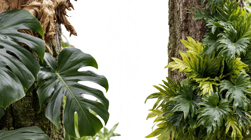 Tropical monstera plants framing a white center with tree trunks and green foliage on either side