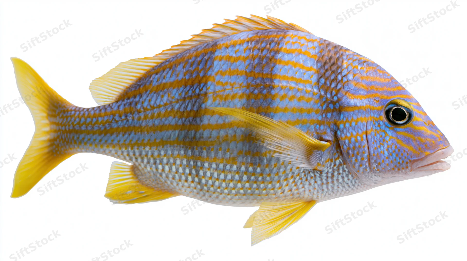Tropical reef fish in profile view isolated on white background