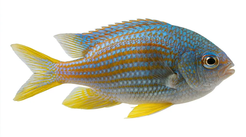 Tropical reef fish in profile view isolated on white background