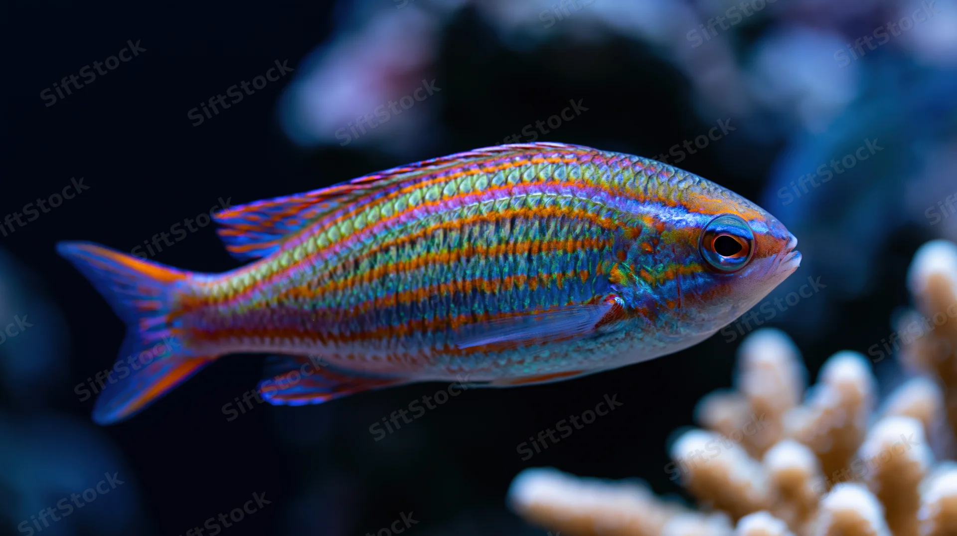Colorful striped tropical fish swimming near coral in underwater reef environment