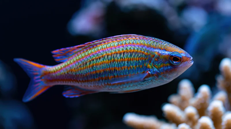 Colorful striped tropical fish swimming near coral in underwater reef environment