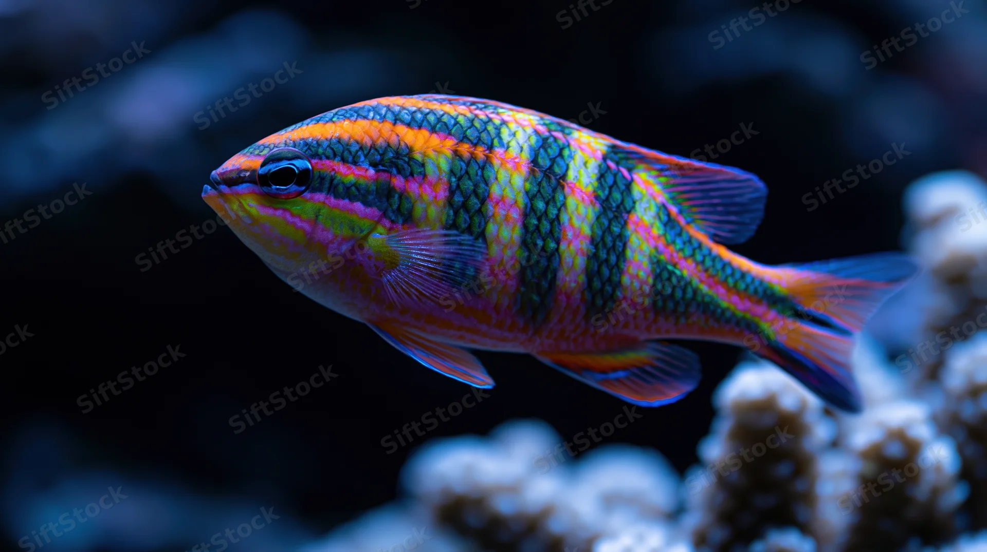 Colorful tropical reef fish swimming in side profile near coral in aquarium