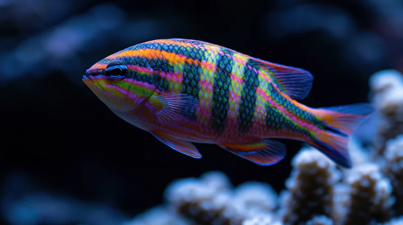 Colorful tropical reef fish swimming in side profile near coral in aquarium