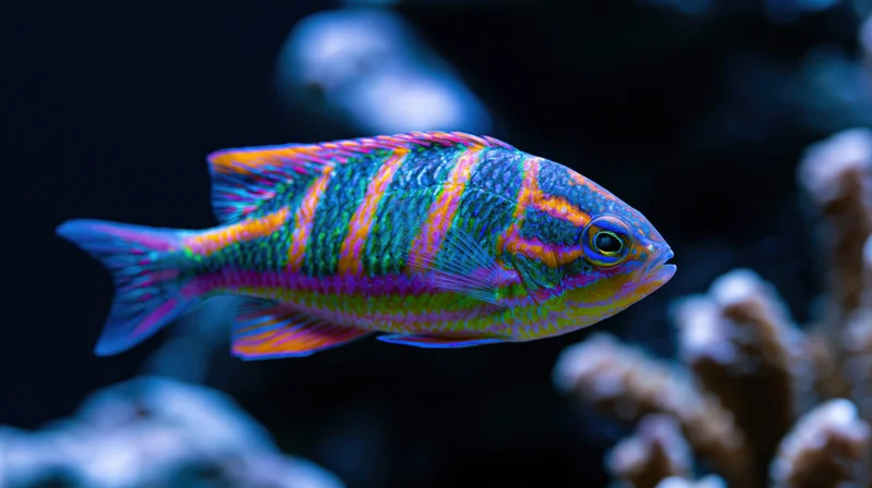 Colorful tropical reef fish swimming in side profile near coral in aquarium