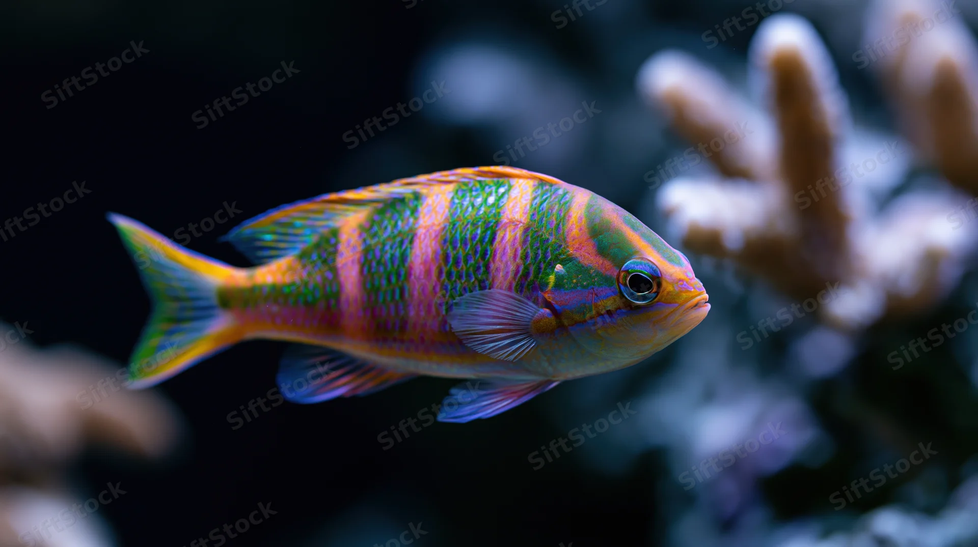 Colorful striped tropical fish swimming in side profile near coral in aquarium