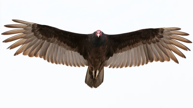 Turkey vulture in full wingspan glide viewed straight on against white background