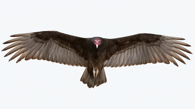 Turkey vulture soaring in full wingspan glide against white background