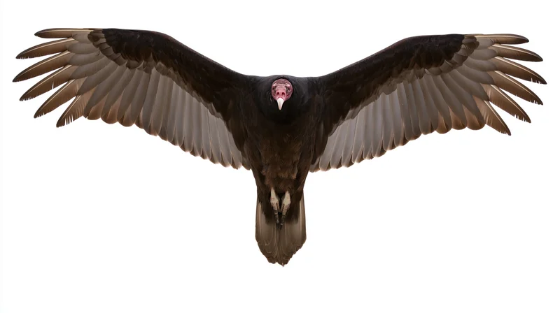 Turkey vulture soaring in full wingspan glide viewed straight on against white background