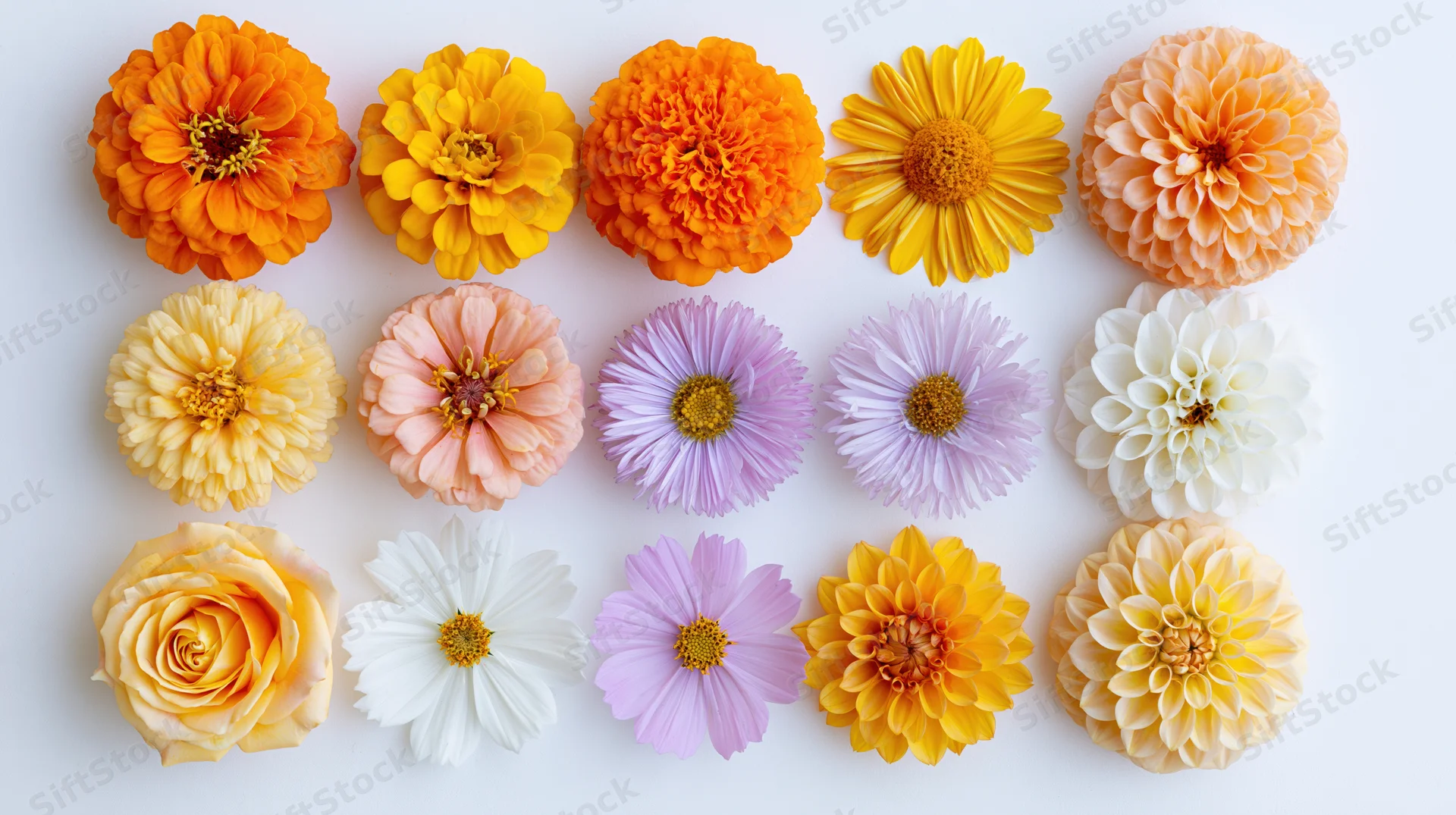 Twelve cut flower heads arranged in three rows on white background
