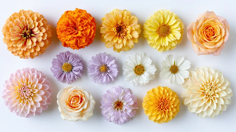 Twelve cut flower heads arranged in three rows on white background