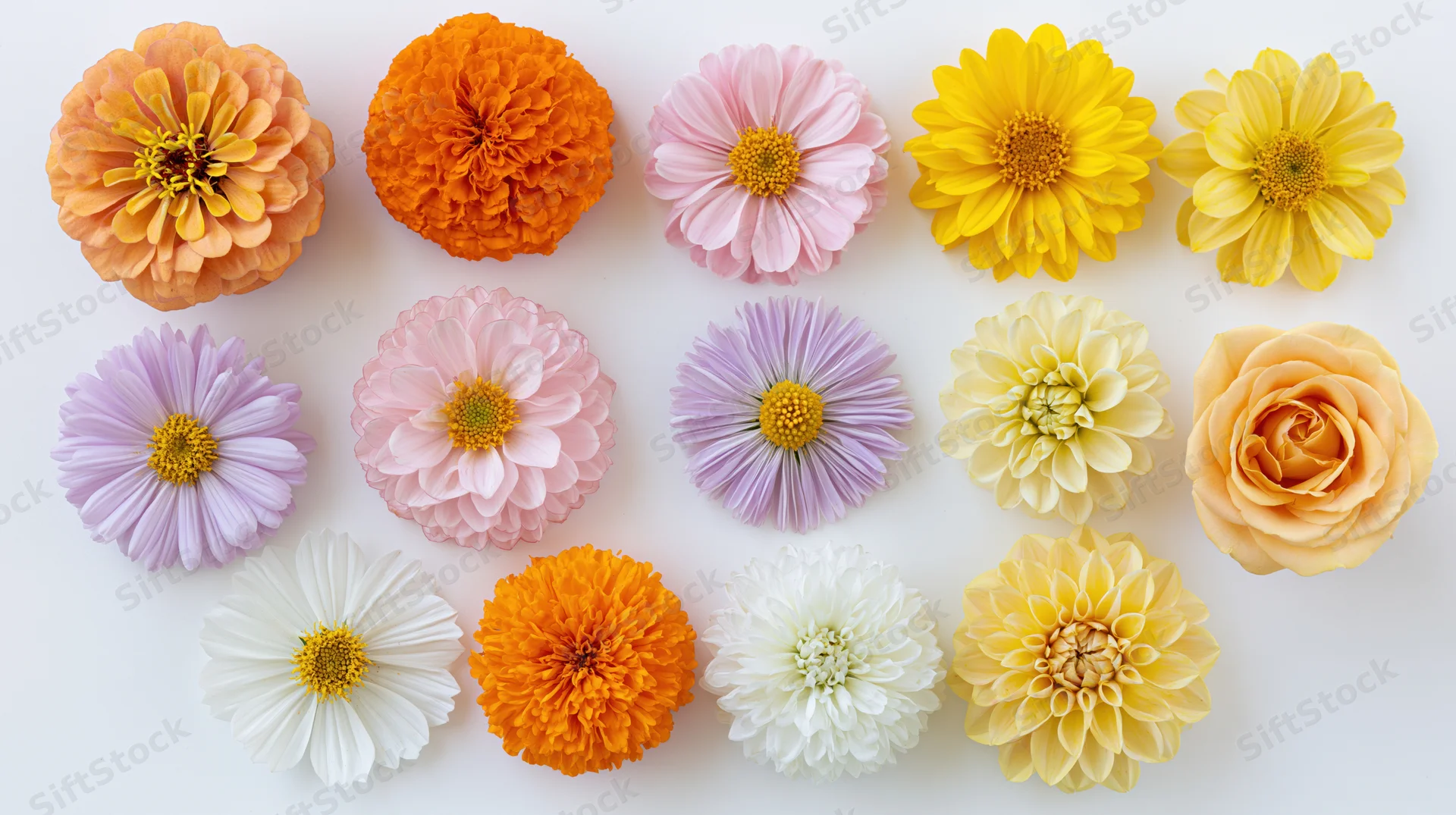 Twelve cut flower heads arranged in three rows on white background