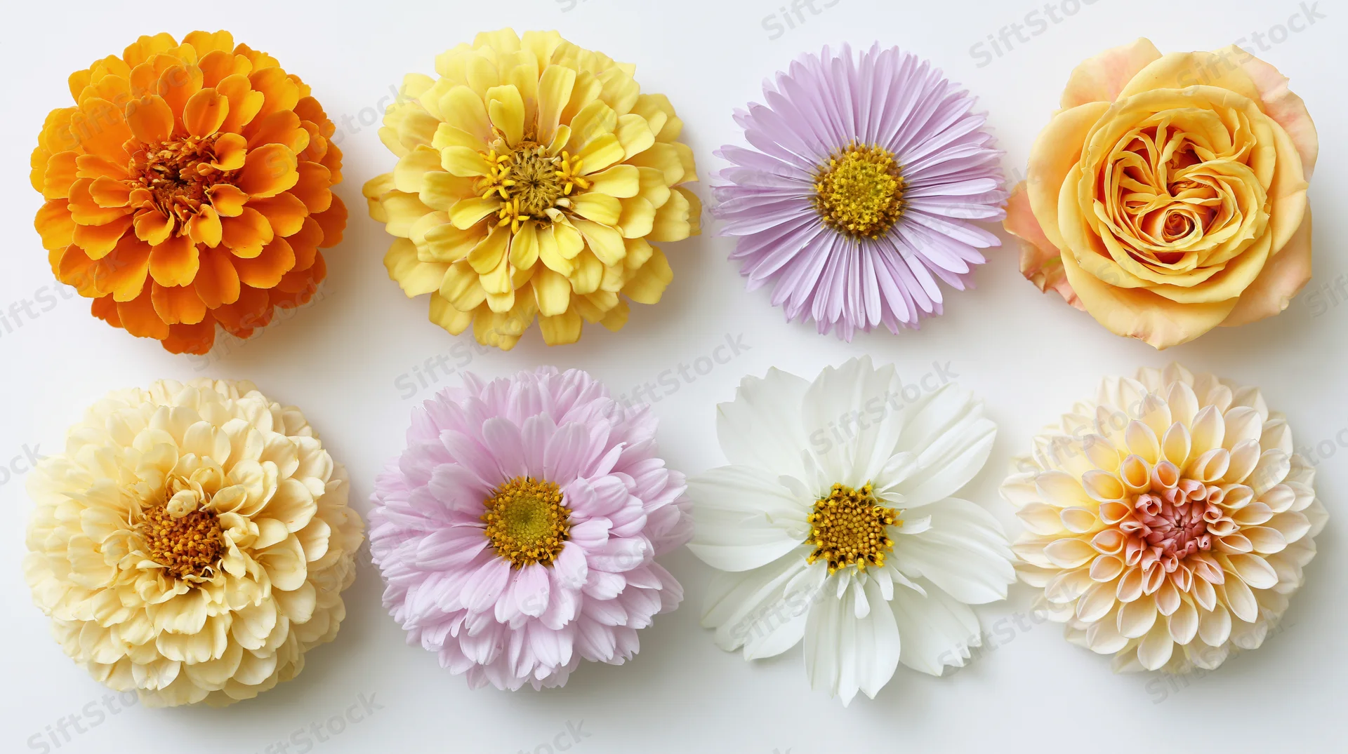 Eight cut flower heads arranged in two rows on white surface