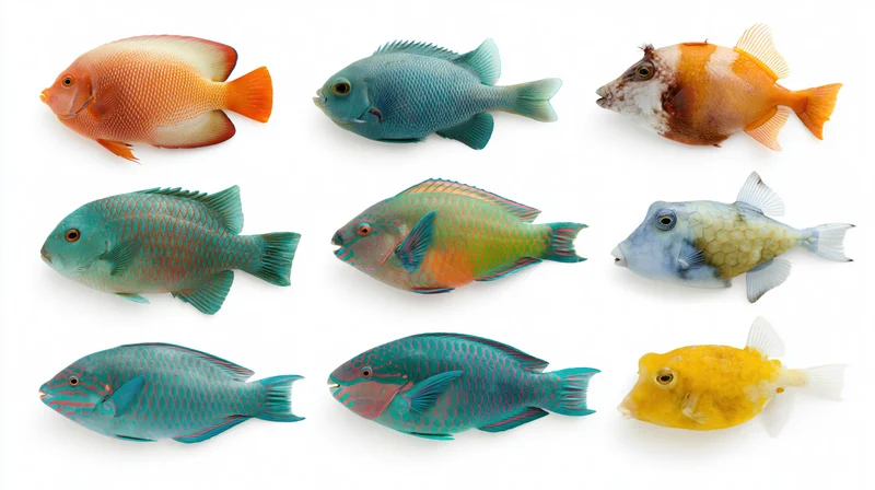 Twelve tropical reef fish specimens arranged in three rows on white background
