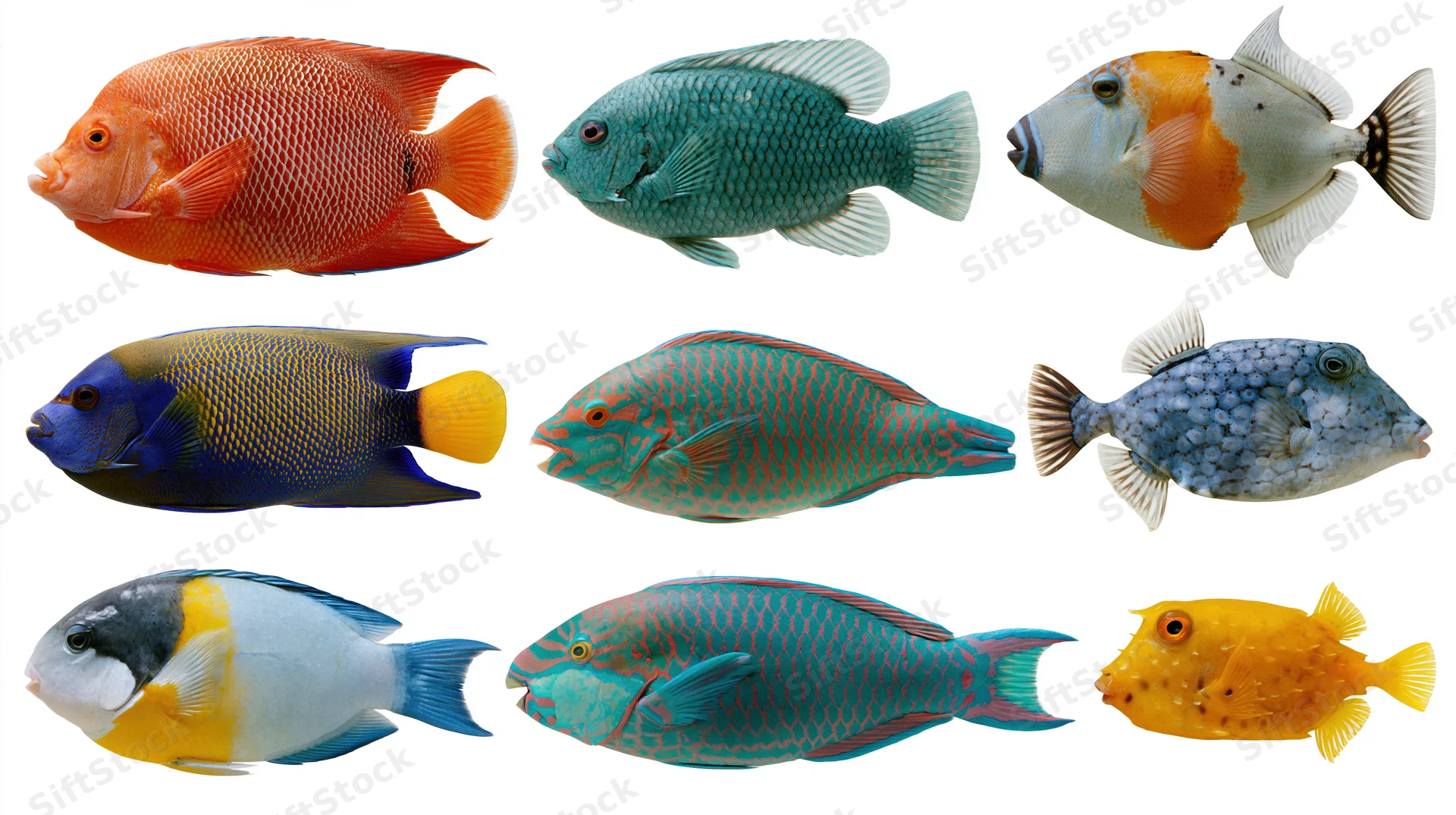 Twelve tropical reef fish specimens arranged in three rows on white background