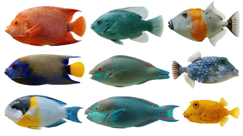 Twelve tropical reef fish specimens arranged in three rows on white background