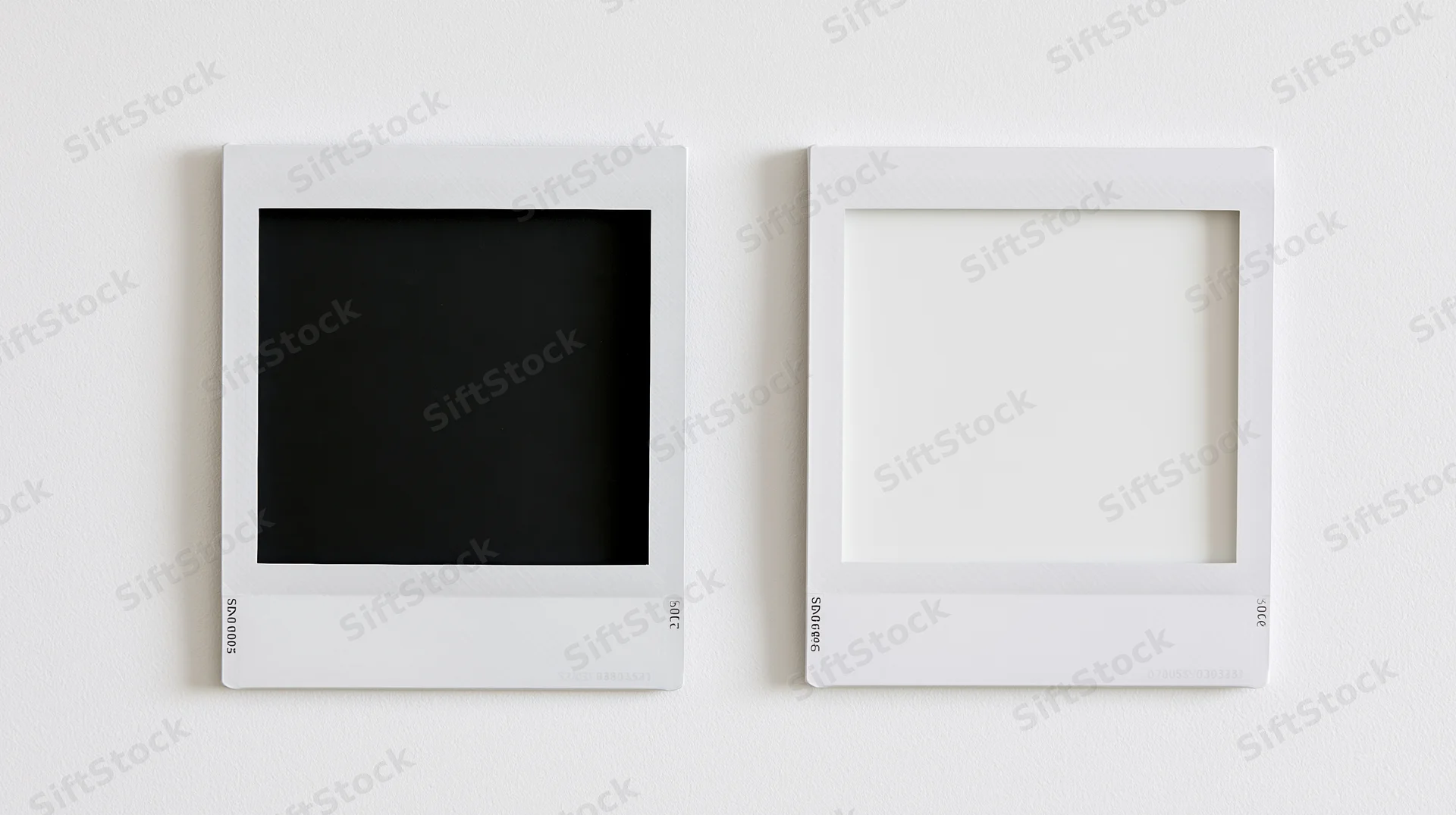Two white polaroid photo frames side by side on a plain white wall