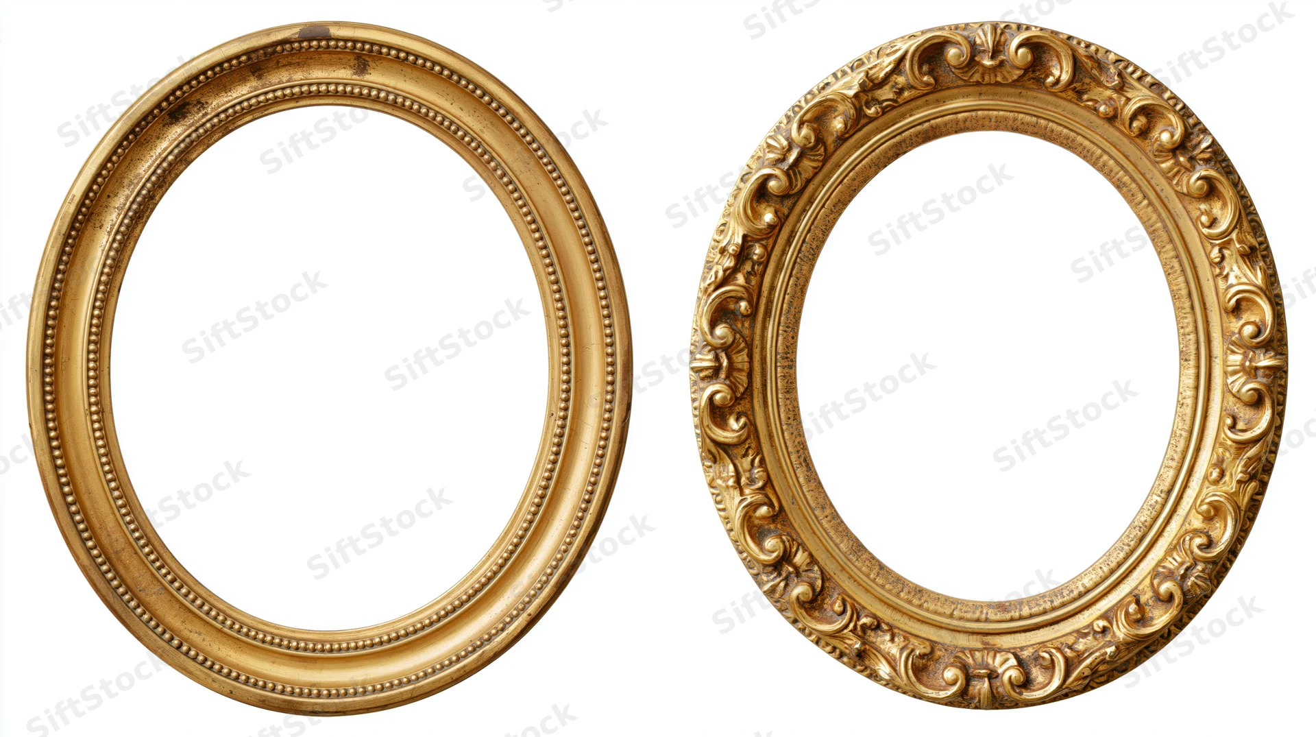 Two antique gold oval picture frames side by side against a white background