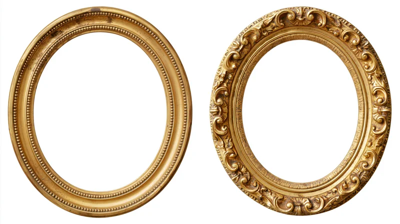 Two antique gold oval picture frames side by side against a white background