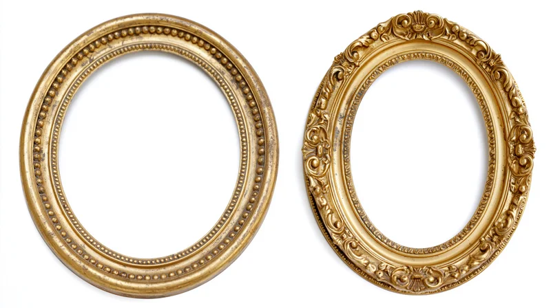 Two antique gold oval picture frames side by side on white background