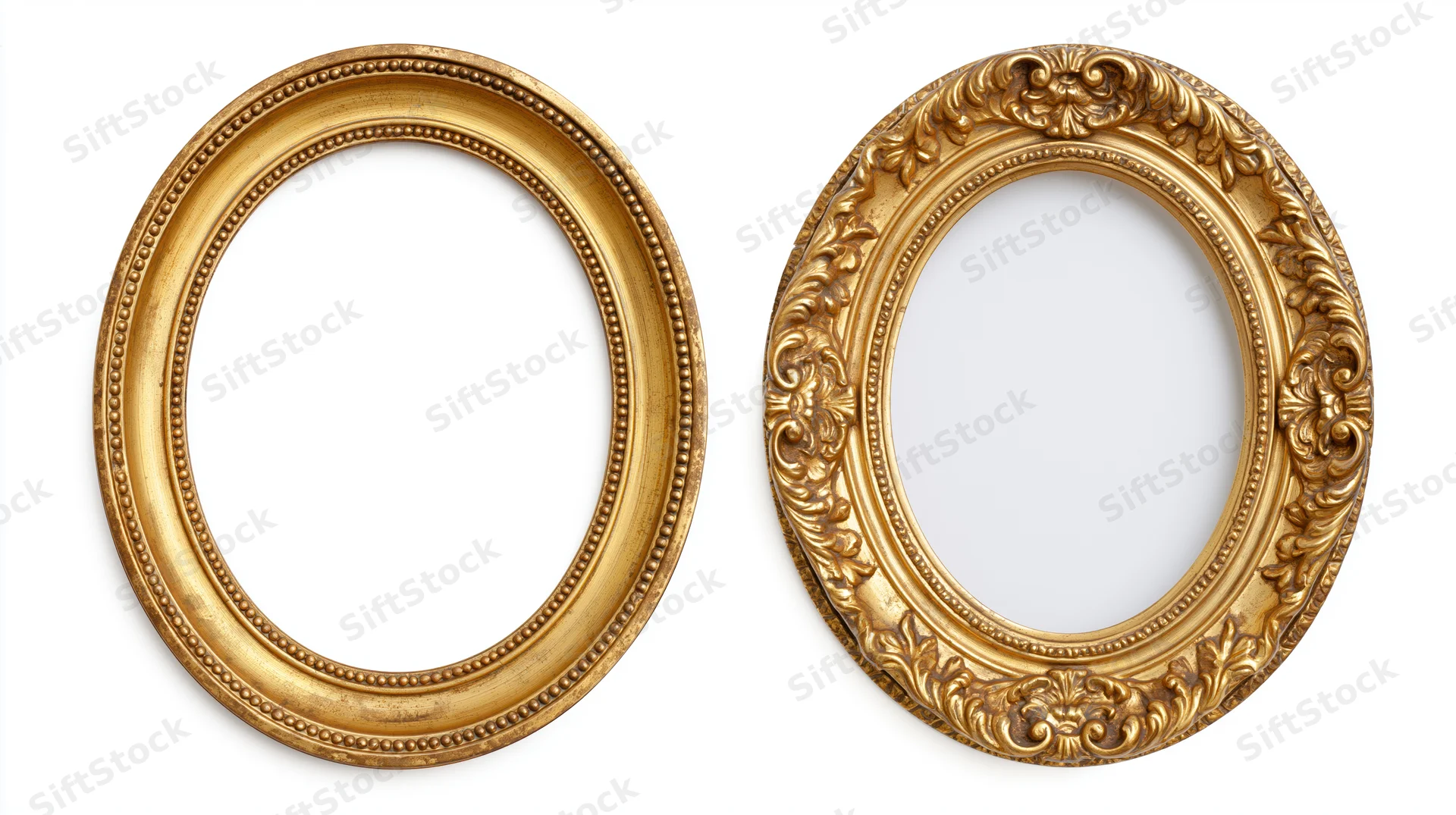 Two antique gold oval picture frames side by side on white background