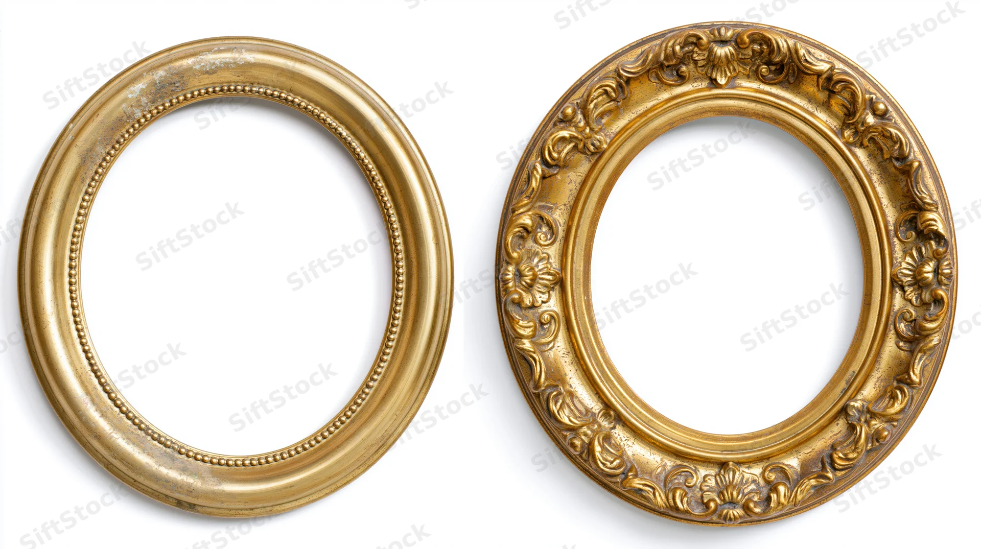 Two antique gold oval frames side by side on white background