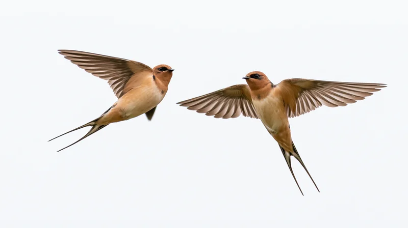 Two barn swallows in mid-flight with wings fully spread isolated on white background