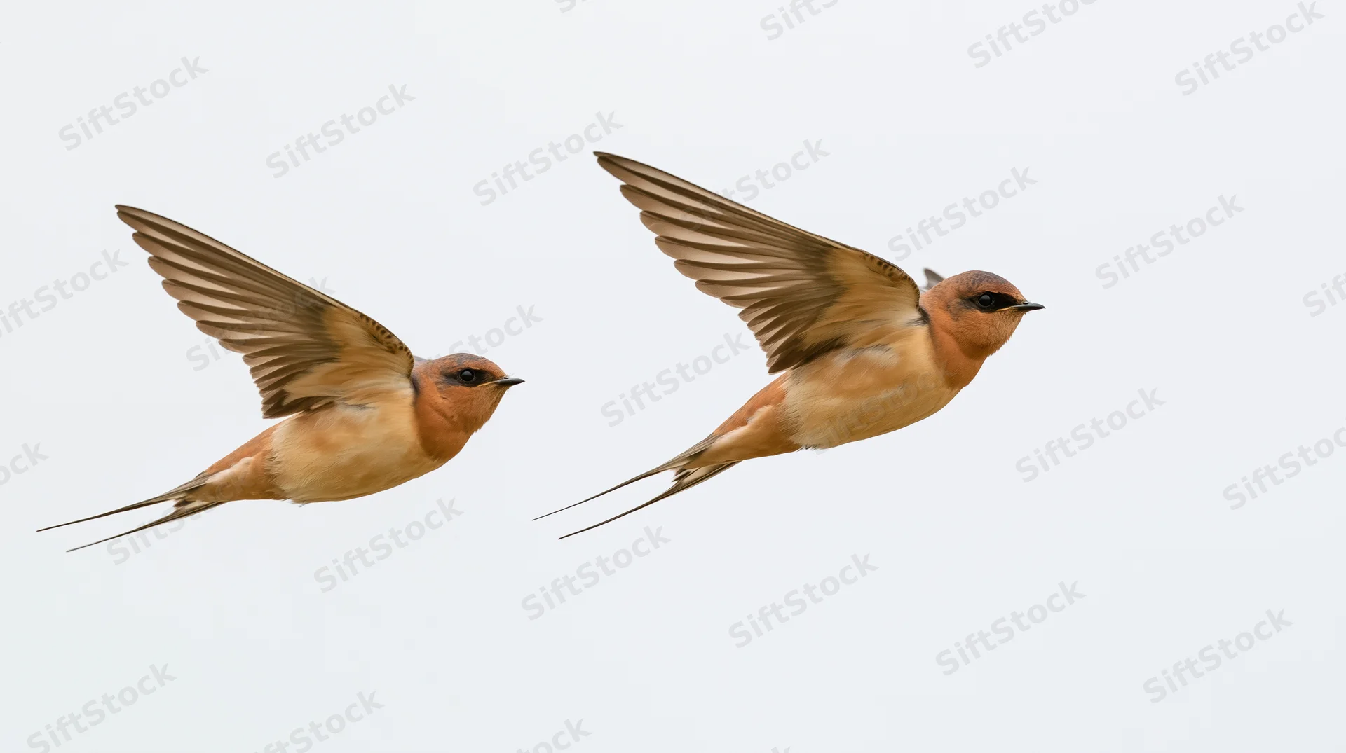 Two barn swallows in mid-flight with wings fully spread against a white background