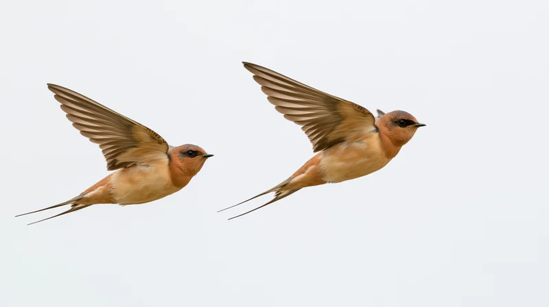 Two barn swallows in mid-flight with wings fully spread against a white background